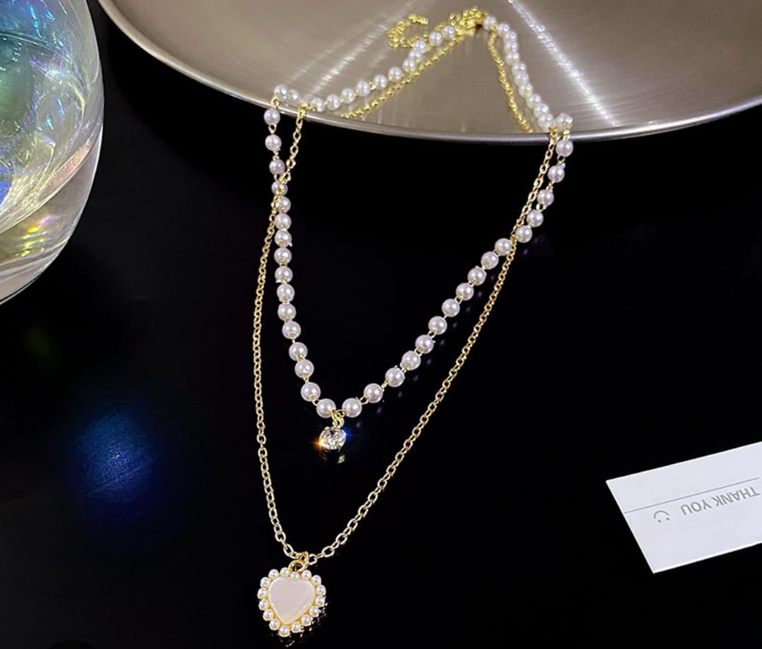 Pearl Crystal Double Layered LOVE Pendant Necklace
