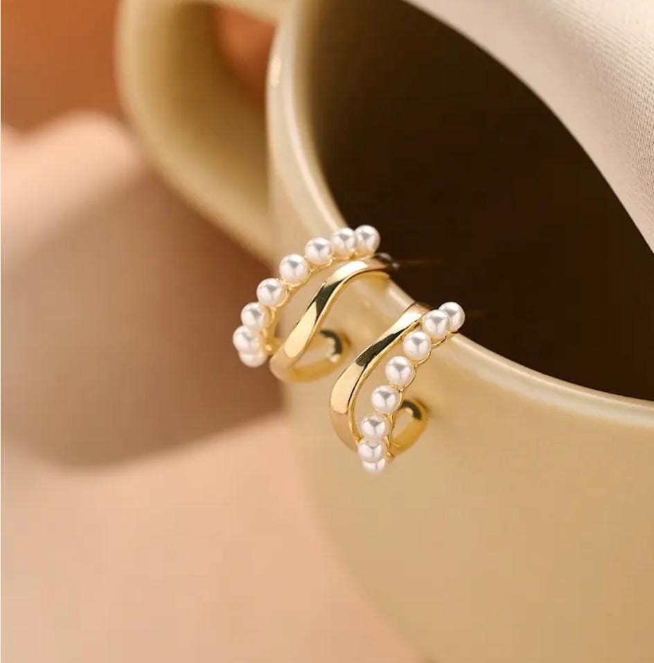 Dual Layered C Shaped Pearl Hoop Earrings