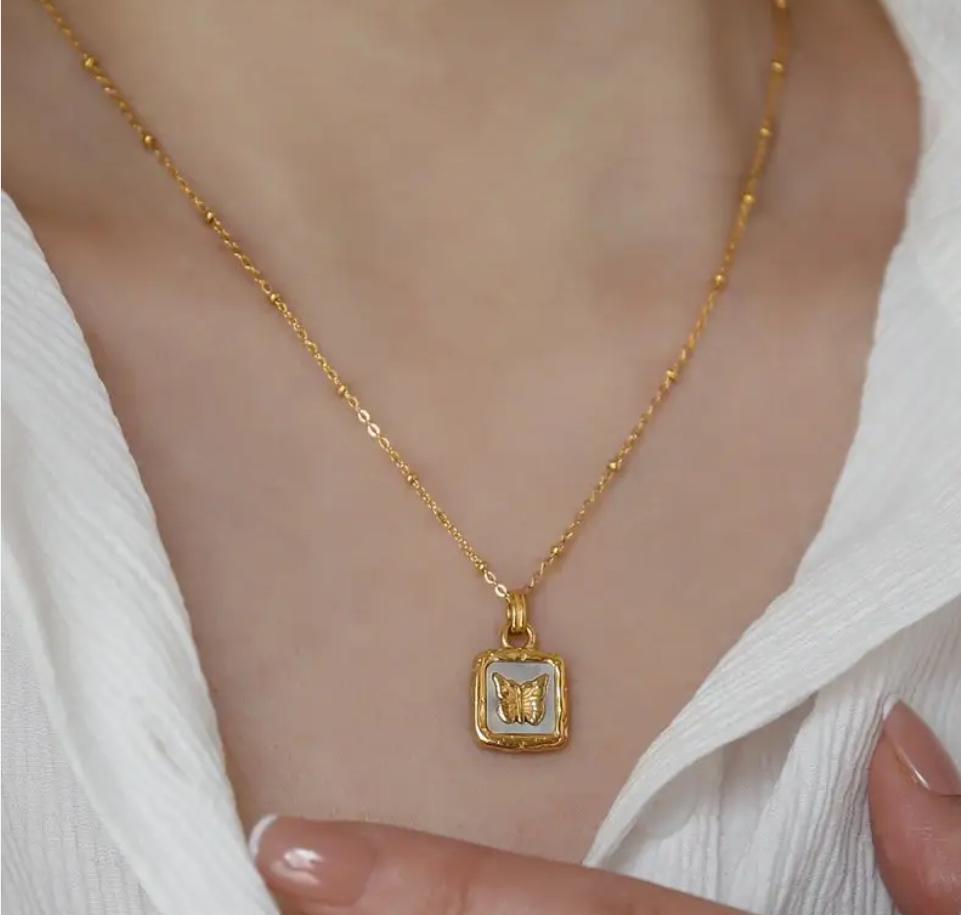 Butterfly Studded In Shell Square Necklace