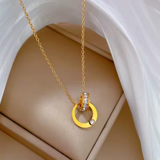 18Kt Gold Plated Double Circle Lock Rhinestone Studded Necklace