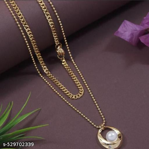 Two-Layered Pearl Pendant Long Chain Necklace