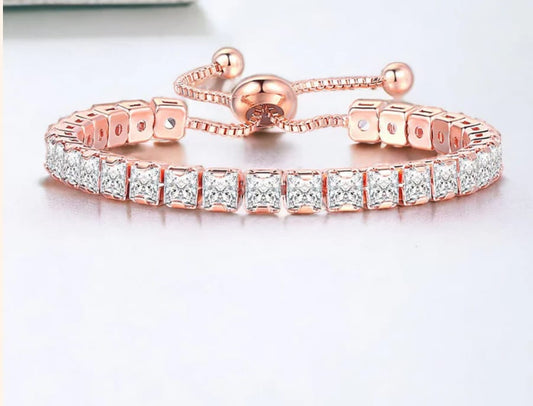 Rose Gold Plated Square Cut Cubic Zirconia White Matrix Tennis Bracelet