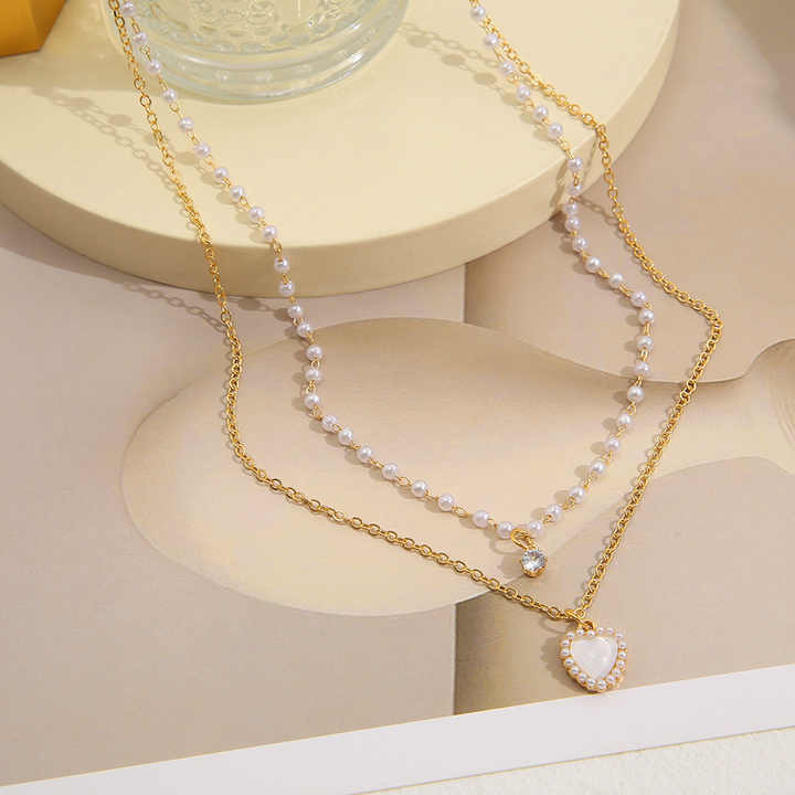 Pearl Crystal Double Layered LOVE Pendant Necklace