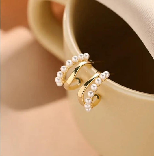 Dual Layered C Shaped Pearl Hoop Earrings