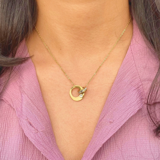 18Kt Gold Plated Double Circle Lock Rhinestone Studded Necklace