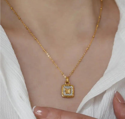 Butterfly Studded In Shell Square Necklace