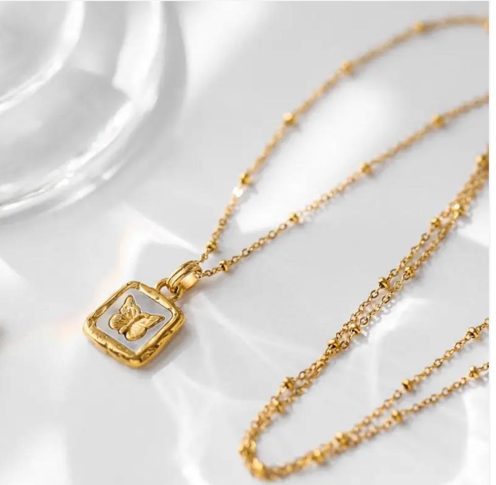 Butterfly Studded In Shell Square Necklace